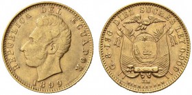 COINS & MEDALS FROM OVERSEAS 
 ECUADOR 
 Republic, since 1830. 10 Sucres 1899. Fr. 10. 8,10 g.
 GOLD. Extremely fine