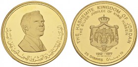 COINS & MEDALS FROM OVERSEAS 
 JORDAN 
 Hussein II, 1952-1999. 25 Dinars 1977. Fr. 8; K./M. 33. 15,25 g.
 GOLD. 4'724 pieces minted. Proof. FDC