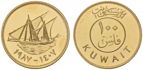 COINS & MEDALS FROM OVERSEAS 
 KUWAIT 
 Jabir Ibn Ahmad, 1977-2006. 100 Fils AH 1407 (1987). Fr. ­; K./M. 14b. 12,27 g.
 GOLD. Proof. Slightly touc...