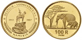 COINS & MEDALS FROM OVERSEAS 
 NAMIBIA 
 Republic. 100 Rand 1987. Struck in gold.
 PATTERN. GOLD. Of the highest rarity. Only 15 pieces minted. Pro...