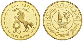 COINS & MEDALS FROM OVERSEAS 
 QATAR 
 5 Riyals 2000. Stallion. Fr. ­; K./M. ­. 7,80 g.
 GOLD PATTERN. Of the highest rarity. Only 13 pieces minted...