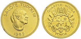 COINS & MEDALS FROM OVERSEAS 
 TONGA 
 Salote Tupou III, 1918 -1965. 1/4 Koula 1962. Fr. 5; K./M. 1. 8,14 g.
 GOLD. Uncirculated