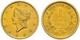 COINS & MEDALS FROM OVERSEAS 
 USA 
 LIBERTY HEAD GOLD DOLLAR TYPE 1 (1849-1854) 
 Dollar 1849, Philadelphia. Fr. 84; K./M. 73. 1,67 g.
 GOLD. In ...