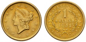 COINS & MEDALS FROM OVERSEAS 
 USA 
 LIBERTY HEAD GOLD DOLLAR TYPE 1 (1849-1854) 
 Dollar 1851, Philadelphia. Fr. 84; K./M. 73. 1,67 g.
 GOLD. In ...