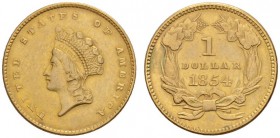 COINS & MEDALS FROM OVERSEAS 
 USA 
 INDIAN PRINCESS HEAD, SMALL HEAD GOLD DOLLAR (1854-1856) 
 Dollar 1854, Philadelphia. Fr. 89; K./M. 83. 1,67 g...