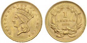COINS & MEDALS FROM OVERSEAS 
 USA 
 INDIAN PRINCESS HEAD, LARGE HEAD GOLD DOLLAR (1856-1889) 
 Dollar 1862. Fr. 94; K./M. 86. 1,68 g.
 GOLD. Extr...