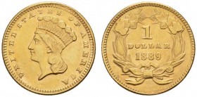 COINS & MEDALS FROM OVERSEAS 
 USA 
 INDIAN PRINCESS HEAD, LARGE HEAD GOLD DOLLAR (1856-1889) 
 Dollar 1889, Philadelphia. Fr. 94; K./M. 86. 1,67 g...