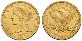 COINS & MEDALS FROM OVERSEAS 
 USA 
 LIBERTY HEAD (MOTTO ON REVERSE) FIVE DOLLARS (1866-1908) 
 5 Dollars 1907 D, Denver. Fr. 147; K./M. 101. 8,36 ...