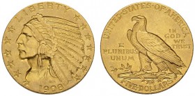 COINS & MEDALS FROM OVERSEAS 
 USA 
 INDIAN HEAD FIVE DOLLARS (1908-1929) 
 5 Dollars 1908, Philadelphia. Fr. 148; K./M. 129. 8,36 g.
 GOLD. In NG...