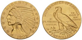 COINS & MEDALS FROM OVERSEAS 
 USA 
 INDIAN HEAD FIVE DOLLARS (1908-1929) 
 5 Dollars 1909, Philadelphia. Fr. 148; K./M. 129. 8,35 g.
 GOLD. In NG...