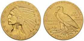 COINS & MEDALS FROM OVERSEAS 
 USA 
 INDIAN HEAD FIVE DOLLARS (1908-1929) 
 5 Dollars 1913, Philadelphia. Fr. 148; K./M. 129. 8,35 g.
 GOLD. In NG...