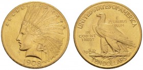COINS & MEDALS FROM OVERSEAS 
 USA 
 INDIAN HEAD TEN DOLLARS (1907-1933) 
 10 Dollars 1908, Philadelphia. Fr. 166; K./M. 130. 16,72 g.
 GOLD. In N...