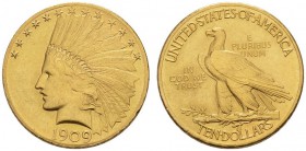COINS & MEDALS FROM OVERSEAS 
 USA 
 INDIAN HEAD TEN DOLLARS (1907-1933) 
 10 Dollars 1909, Philadelphia. Fr. 166; K./M. 130. 16,71 g.
 GOLD. In N...