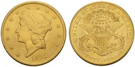 COINS & MEDALS FROM OVERSEAS 
 USA 
 LIBERTY HEAD, &quot;TWENTY DOLLARS&quot; ON REVERSE (1877-1907) 
 20 Dollars 1904, Philadelphia. Fr. 177; K./M...