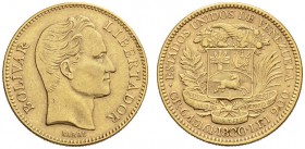 COINS & MEDALS FROM OVERSEAS 
 VENEZUELA 
 Republic, since 1823. 20 Bolivares 1880, Brussels. Fr. 5; K./M. Y 6,42 g.
 GOLD. Almost extemely fine