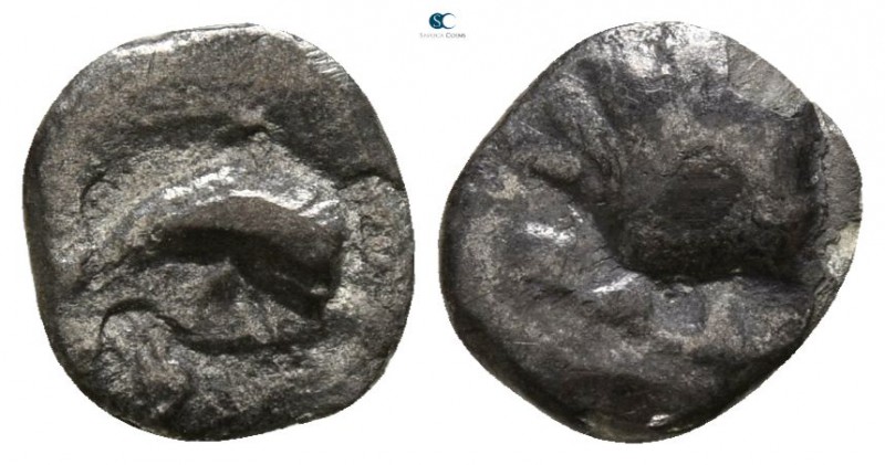 Calabria. Tarentum circa 280-228 BC. 
Hemiobol AR

8mm., 0,42g.

Dolphin sw...