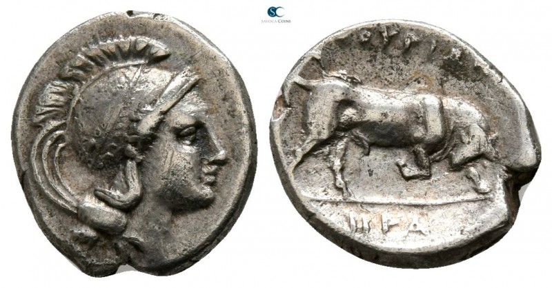 Lucania. Thourioi circa 400-300 BC. 
Diobol AR

10mm., 1,00g.

Head of Athe...