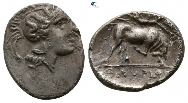 Lucania. Thourioi circa 350-300 BC. 
Diobol AR

11mm., 1,18g.

Helmeted hea...