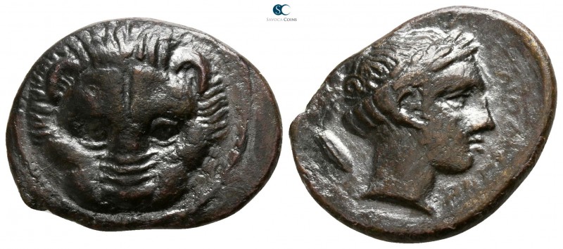 Bruttium. Rhegion circa 415-387 BC. 
Hemiobol AE

19mm., 4,89g.

Facing lio...