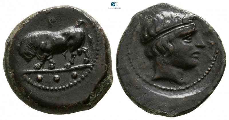 Sicily. Gela 420-405 BC. 
Tetras Æ

16mm., 4,15g.

Bull standing left; thre...