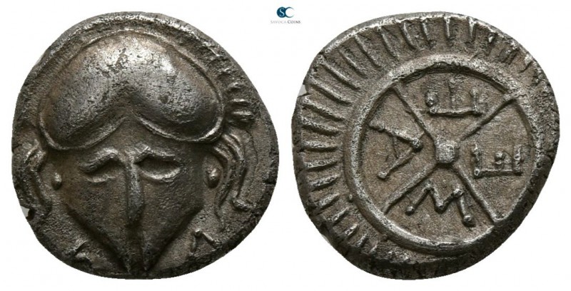 Thrace. Mesembria 450-350 BC. 
Diobol AR

8mm., 1,23g.

Helmet / Four spoke...