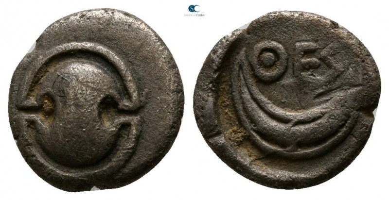 Boeotia. Thespiae circa 400-350 BC. 
Obol AR

8mm., 0,86g.

Boeotian shield...