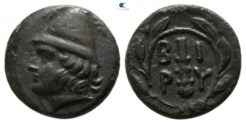 Troas. Birytis circa 350-300 BC. 
Bronze Æ

9mm., 1,18g.

Head of Kabeiros ...