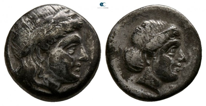 Lesbos. Mytilene circa 400-350 BC. 
Diobol AR

8mm., 1,25g.

Laureate head ...