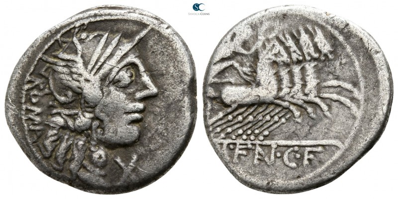 M. Fannius 123 BC. Rome
Denarius AR

16mm., 3,72g.

Helmeted head of Roma r...