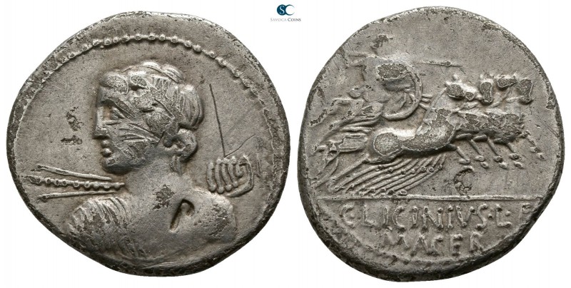 C. Licinius L. F. Macer 84 BC. Rome
Denarius AR

18mm., 3,68g.

Diademed an...