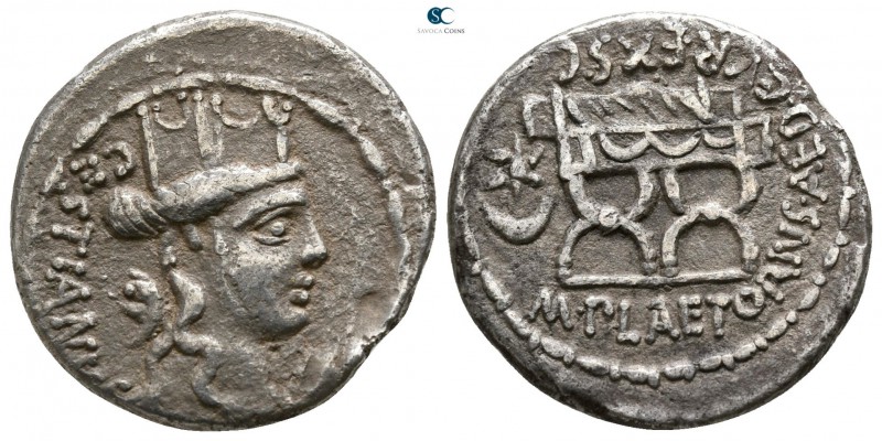 M. Plaetorius M. F. Cestianus 57 BC. Rome
Denarius AR

17mm., 3,68g.

CESTI...