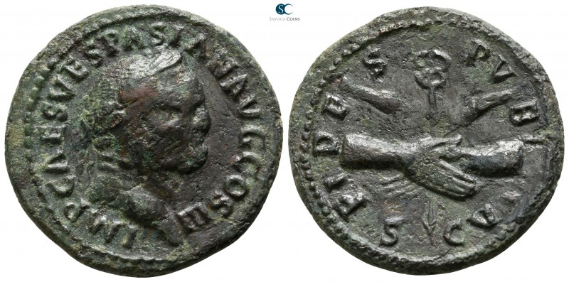 Vespasian AD 69-79. Rome
As Æ

25mm., 9,52g.

IMP CAES VESPASIAN AVG COS II...