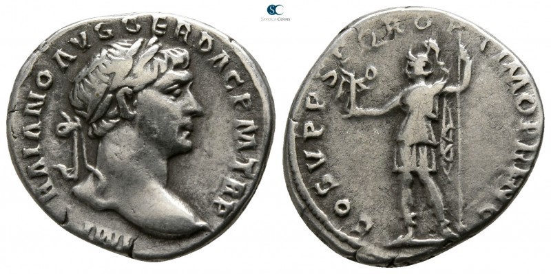 Trajan AD 98-117. Rome
Denarius AR

16mm., 3,24g.

IMP TRAIANO AVG GER DAC ...