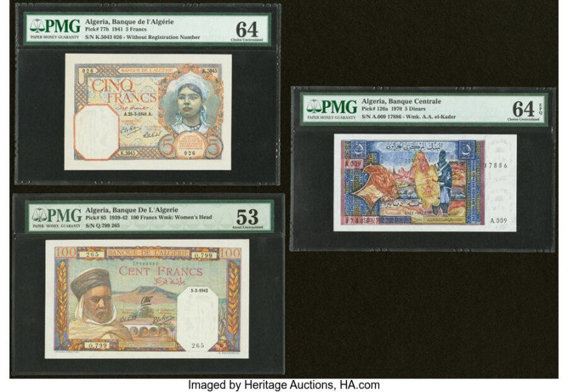 Algeria Banque de l'Algerie 5; 100 Francs; 5 Dinars 25.3.1941; 5.3.1942; 1.11.19...