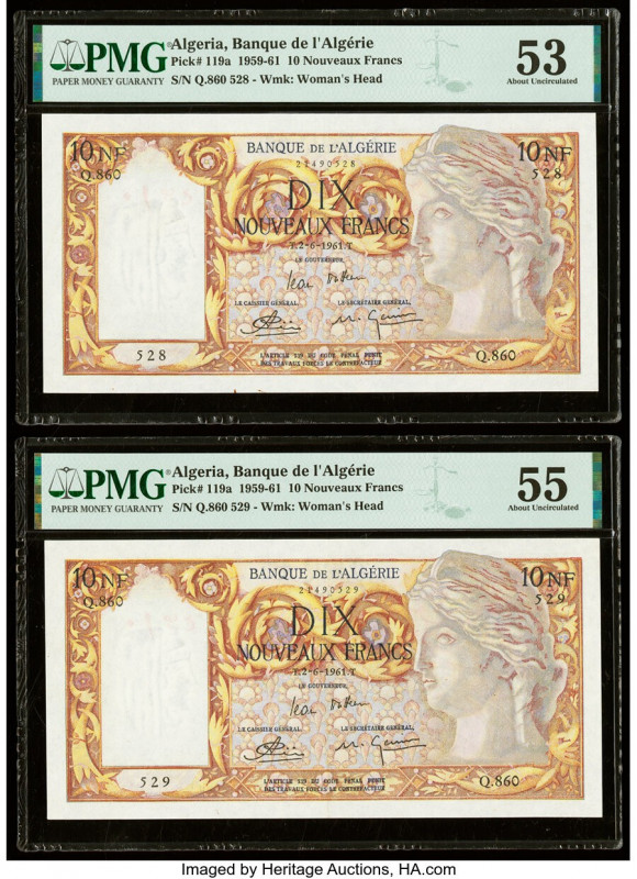 Algeria Banque de l'Algerie 10 Nouveaux Francs 2.6.1961 Pick 119a Two Consecutiv...
