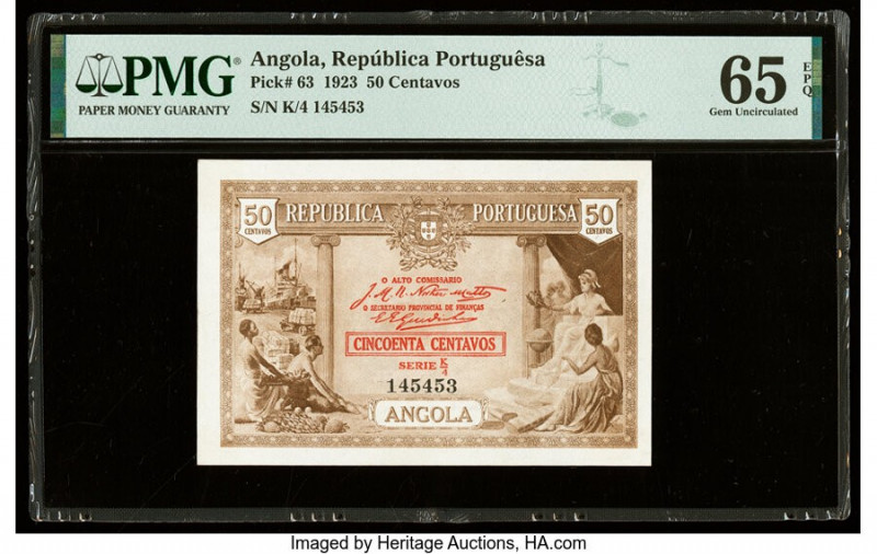 Angola Republica Portuguesa 50 Centavos 1923 Pick 63 PMG Gem Uncirculated 65 EPQ...