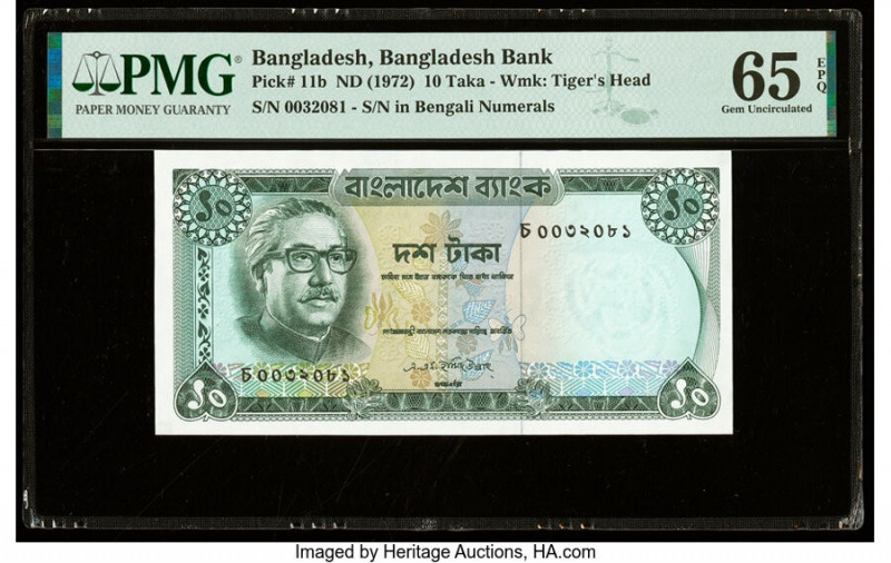 Bangladesh Bangladesh Bank 10 Taka ND (1972) Pick 11b PMG Gem Uncirculated 65 EP...