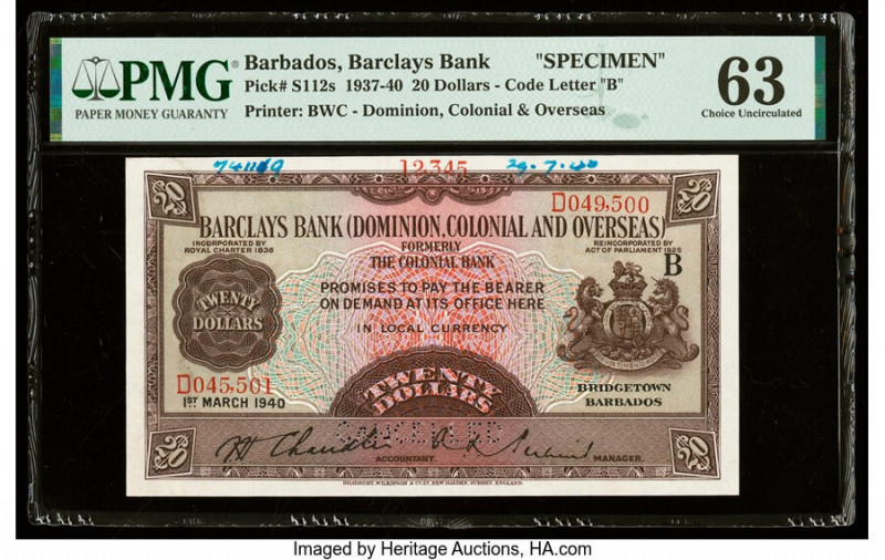 Barbados Barclays Bank 20 Dollars 1.3.1940 Pick S112s Specimen PMG Choice Uncirc...