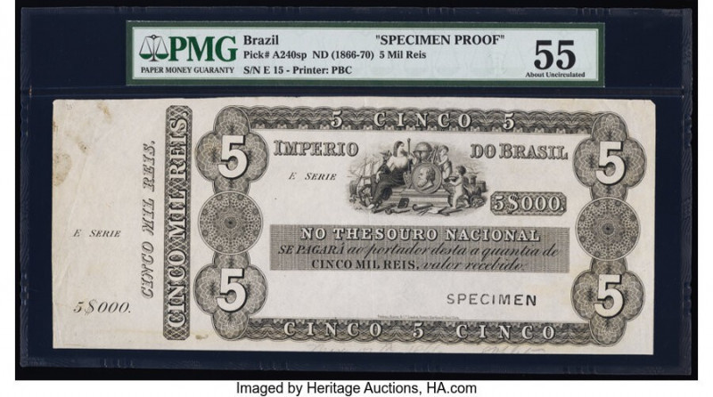 Brazil Thesouro Nacional 5 Mil Reis ND (1866-70) Pick A240sp Specimen Proof PMG ...