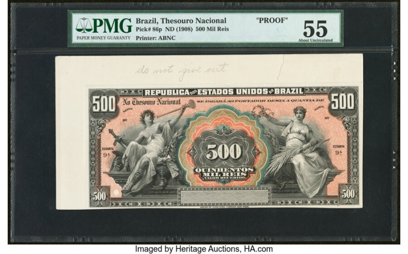 Brazil Thesouro Nacional 500 Mil Reis ND (1908) Pick 86p Front and Back Proofs P...
