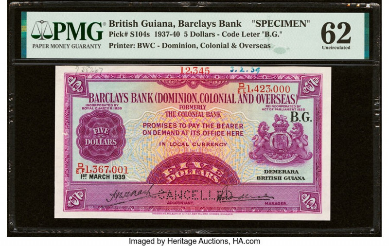 British Guiana Barclays Bank 5 Dollars 1.3.1939 Pick S104s Specimen PMG Uncircul...