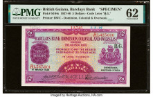 British Guiana Barclays Bank 5 Dollars 1.3.1939 Pick S104s Specimen PMG Uncirculated 62. A roulette Cancelled punch, previous mounting and a tear note...