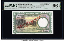 British West Africa West African Currency Board 10 Shillings 9.8.1957 Pick 9s Specimen PMG Gem Uncirculated 66 EPQ. Red Specimen overprints and four P...