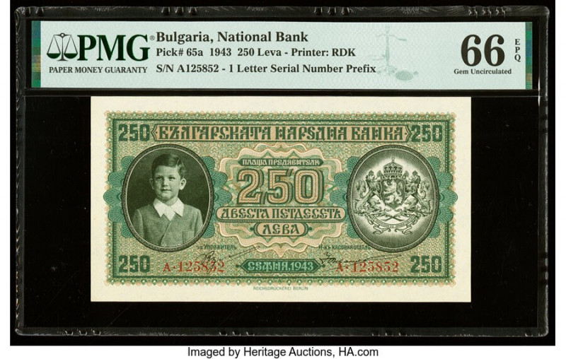 Bulgaria Bulgaria National Bank 250 Leva 1943 Pick 65a PMG Gem Uncirculated 66 E...