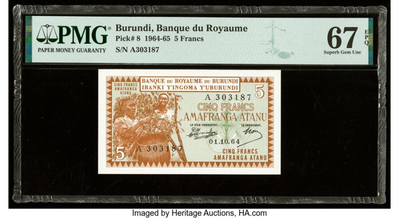 Burundi Banque du Royaume du Burundi 5 Francs 1.10.1964 Pick 8 PMG Superb Gem Un...