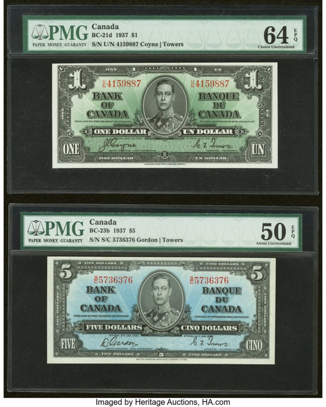 Canada Bank of Canada $1; $5 2.1.1937 BC-21d; BC-23b Two Examples PMG Choice Unc...