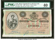 Cuba Banco Espanol De La Isla De Cuba 50 Pesos 1896 Pick 50b PMG Extremely Fine 40. Red Plata overprints are present on this example.

HID09801242017
...