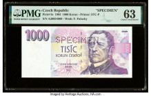 Czech Republic Czech National Bank 1000 Korun 1993 Pick 8s Specimen PMG Choice Uncirculated 63. A roulette Specimen punch and stains are present on th...