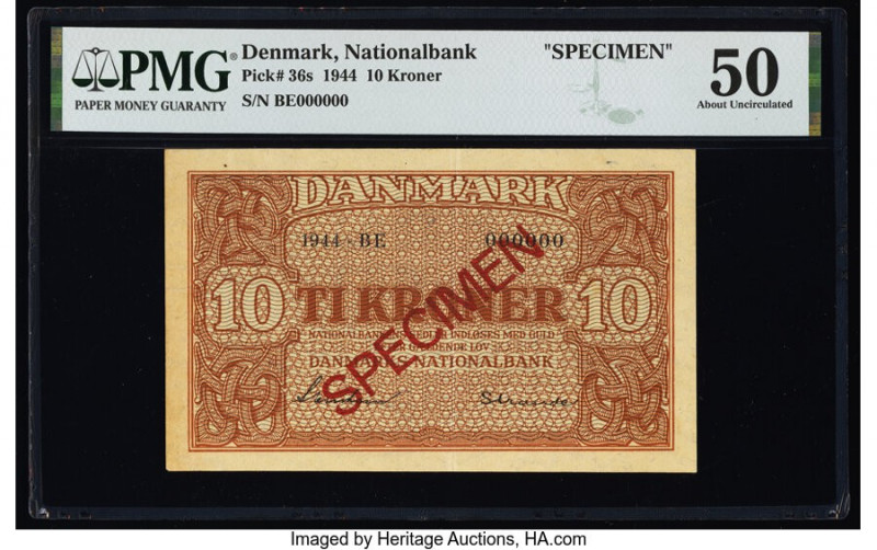Denmark National Bank 10 Kroner 1944 Pick 36s Specimen PMG About Uncirculated 50...