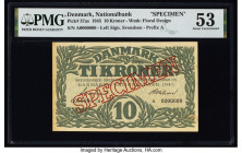 Denmark National Bank 10 Kroner 1945 Pick 37as Specimen PMG About Uncirculated 53. Hollow red Specimen overprints and previous mounting are noted on t...